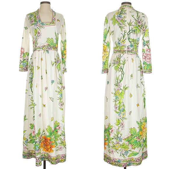 Vintage Dresses & Skirts - Vintage 70s Maurice Floral Maxi Length Dress Hippie Gown Signature Size M